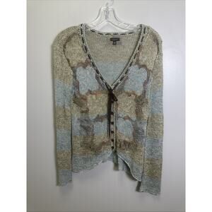 Double U Cardigan Crochet Cardigan Womens M Blue Brown Tie Button Flower Y2K